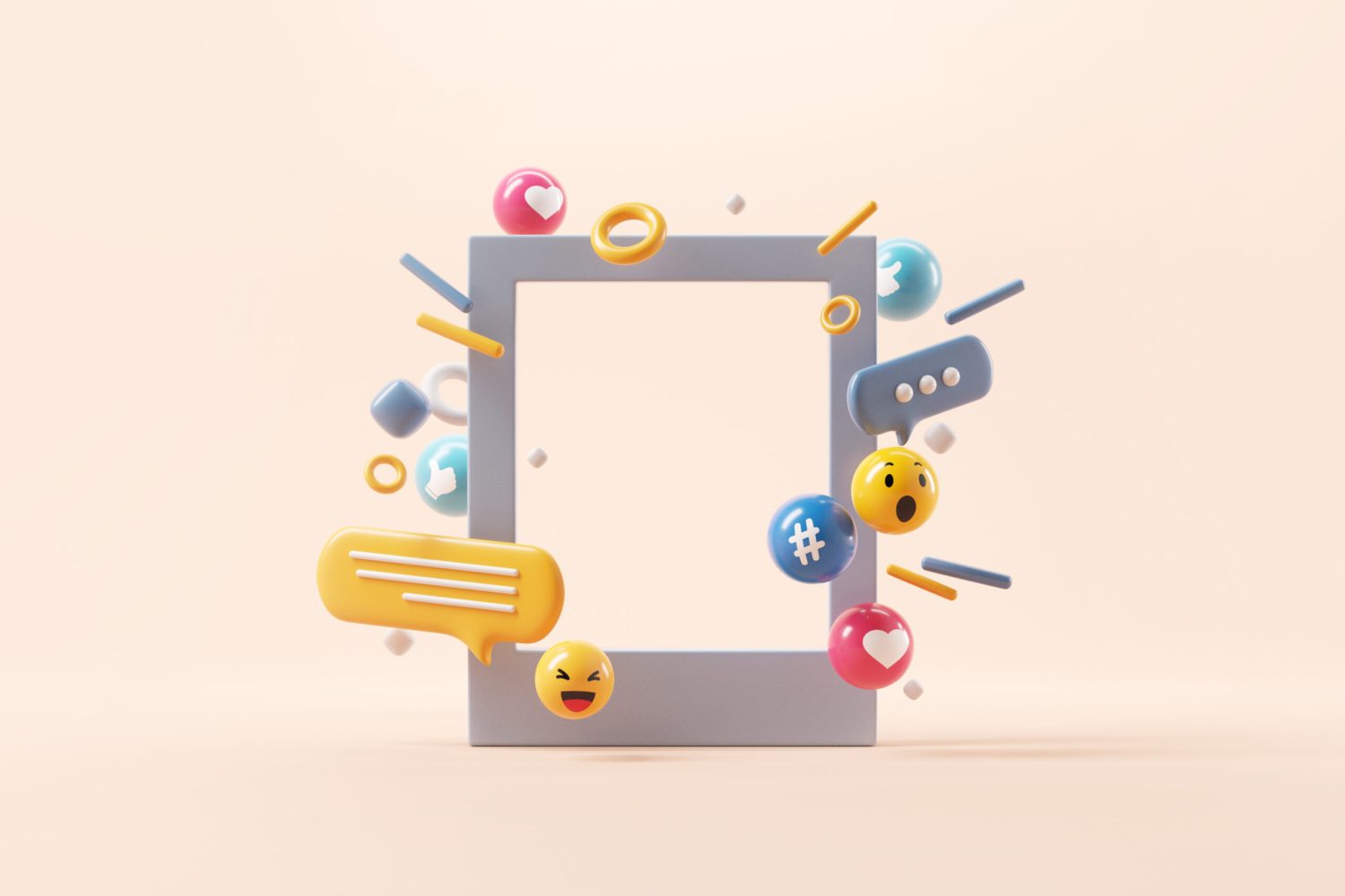 Abstract frame with media and technology with love, like, comment icon, 3d render.
